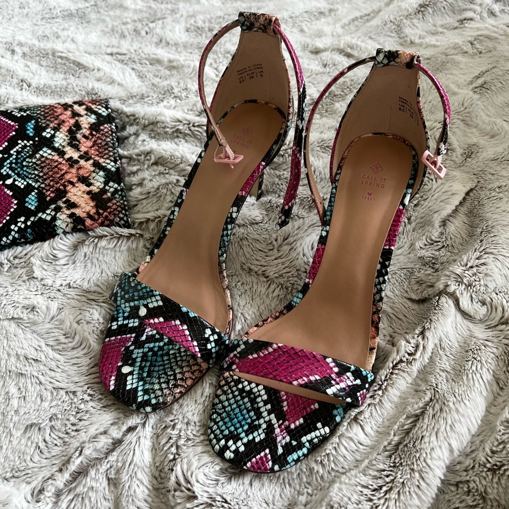 Call It Spring Snake Skin Heels and matching Cross Body Clutch Purse
